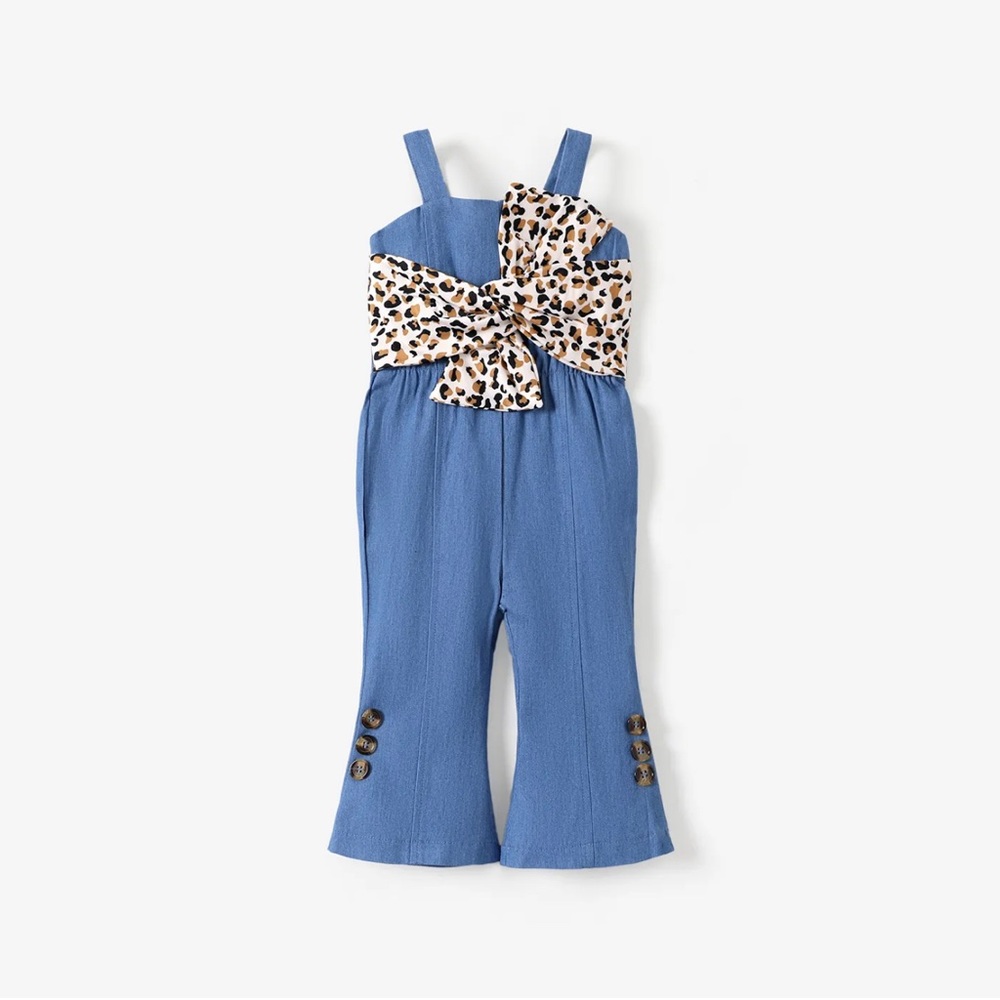NWOT denim leopard print bow baby girl overalls. - Picture 2 of 6